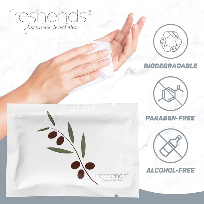 Freshends Flushable Individually Wrapped Wipes – 100 Bulk Pack Luxurious Towelettes, Guest Bathroom Essentials for Weddings, Restaurants, Bars & Clubs – Olive, Travel-Size, Disposable