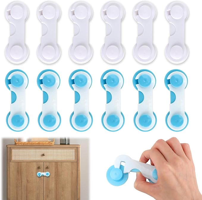 12 Pcs Baby Proof Cabinet Locks, Cabinet Child Locks with Strong Adhesive for Drawers Fridge and Closet Doors, No-Tool Installation Childproofing for Kitchen and Pantry (White and Blue)