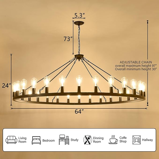 Large black wagon wheel chandelier 64 inch,30-Light Farmhouse wagon Wheel Chandeliers Round Industrial ceiling light fixtures for outdoor porch high ceilings Living Dining Room Foyer Entryway