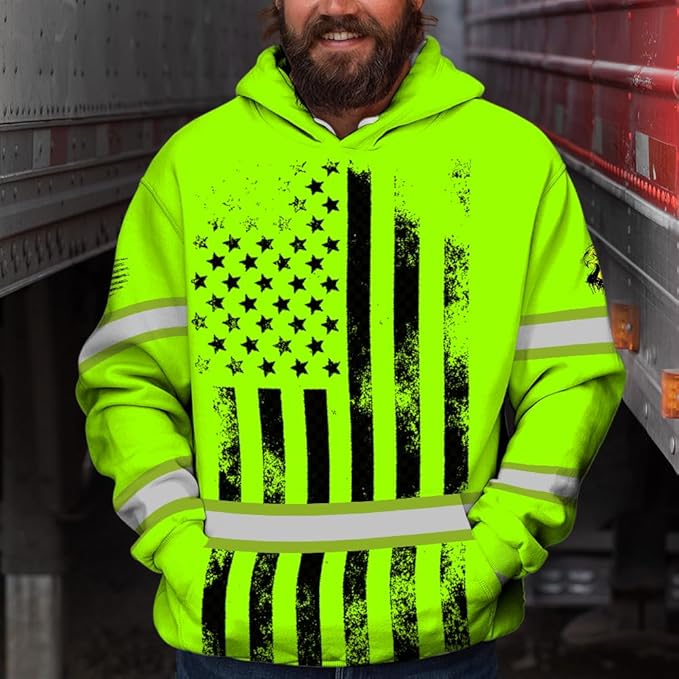 Color US Flag High Visibility Hoodie for Men Women Reflective Tapes Safety Workwear for Worker Runner Patriotic