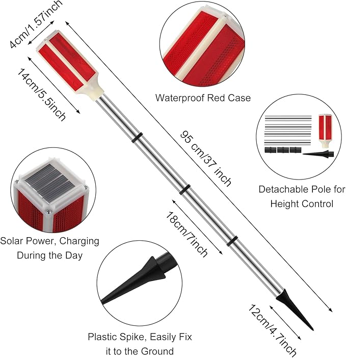 Macarrie 4 Pcs Solar Powered Driveway Markers Reflective Lights Driveway Reflectors on Poles for Snow Road Outdoor Yard Entrance (Red)