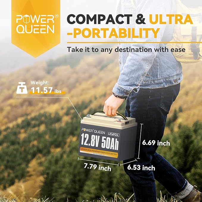 Power Queen 12.8V 50Ah LiFePO4 Battery with 14.6V 10A LiFePO4 Battery Charger, Built-in 50A BMS, 12V Lithium Deep Cycle Battery, 15000+ Cycles, Perfect for Kayak, RV, Trailer, Solar Application
