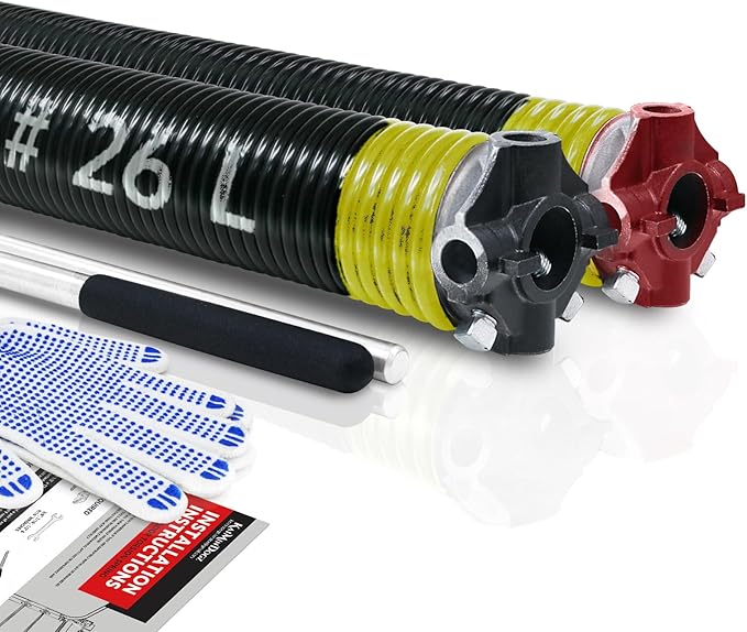 Pair of 2" Garage Door Torsion Springs Set with Non-Slip Winding Bar & Gloves,High Precision Electrophoresis Black Coated, for Replacement & Installation, MIN 16,000 Cycles (0.207x2''x26'')