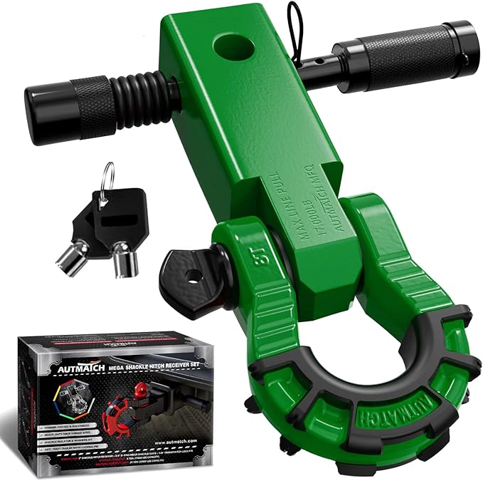 AUTMATCH Shackle Hitch Receiver 2" with 3/4" Mega D Ring Shackle and 5/8" Trailer Hitch Lock Pin, 68,000 Lbs Break Strength Heavy Duty Receiver Towing Kit for Off-Road Vehicle Recovery, Dark Green