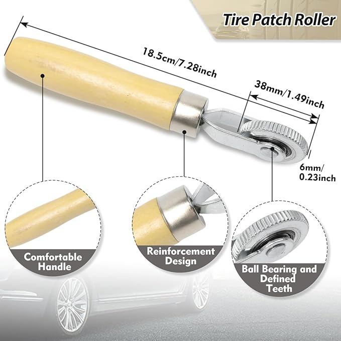 Tire Repair Patch Tool Kit Including Tire Patch Plugs in 3 Size, Tungsten Steel Buffing Wheel, Tire Patch Roller with 4mm Twist Drill Bit for Vehicle