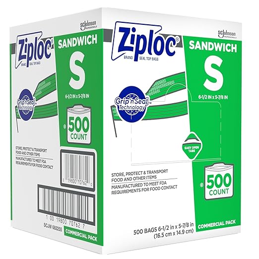Ziploc 682255 Resealable Sandwich Bags, 1.2mil, 6 1/2 x 6, Clear, Box of 500