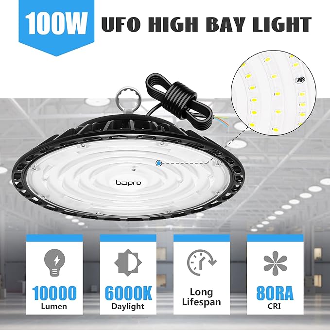 LED High Bay Light 100W, 10000LM Super Bright UFO Shop Light with 4ft 110V Plug Cable, 6000K Bay Lighting IP65 Waterproof for Barn/Garage/Commercial Warehouse/Wet Location