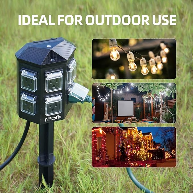 TiFFCOFiO Outdoor Power Strip Weatherproof, 60 FT Extension Cord with Stake, 6 Grounded Weatherproof Outlets for Yard Decorations, 15A/1875W, ETL Listed