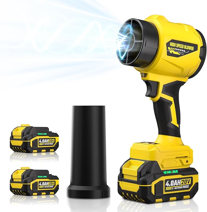 Leaf Blower with 2 X 4.0Ah Battery and Charger, 20V Cordless Blower for Lawn Care, & House Cleaning, 40,000 RPM Jet Blower, Extended Nozzle & Earbuds Included, Yellow