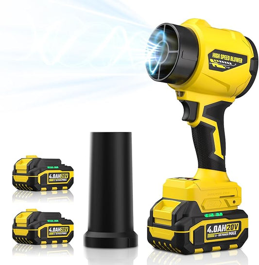 Leaf Blower with 2 X 4.0Ah Battery and Charger, 20V Cordless Blower for Lawn Care, & House Cleaning, 40,000 RPM Jet Blower, Extended Nozzle & Earbuds Included, Yellow