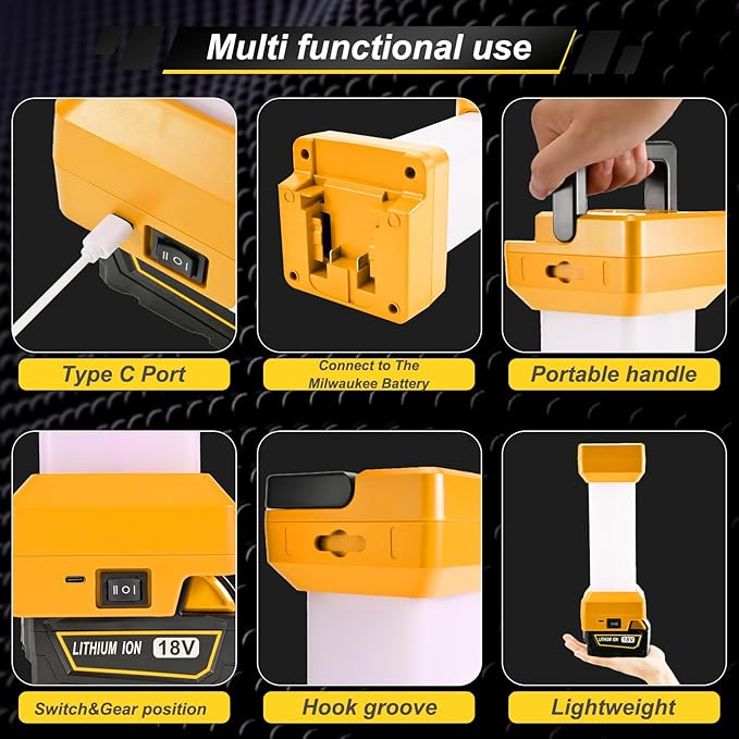 2900LM LED Work Light for Dewalt 20V MAX Battery, 360° Portable Camping Light with USB-C 20W Fast Charging, Dual Brightness, Shockproof, Low-Voltage Protection (Battery Not Included)