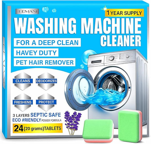 Washing Machine Cleaner Tablets 24 Pack – Deep Cleaning for HE Front & Top Load Washer, 20g Tablets, Freshener for Drum & Tub – 1 Year Supply