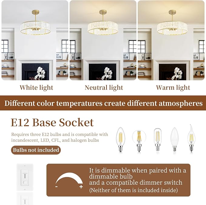 5-Light Gold Crystal Chandelier for Dining Room, Modern Semi Flush Mount Chandelier Lighting Fixtures, Round Kitchen Hanging Drum Pendant Lights Ceiling for Living Room Bedroom Entryway Foyer， 20 Inch