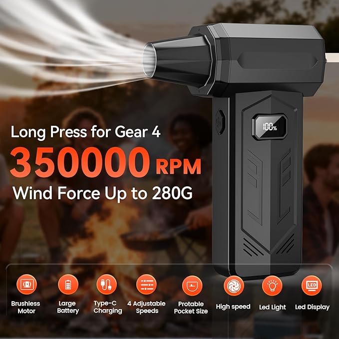 Compressed Air Duster,350,000RPM Turbo Jet Blower with LED Display and Light,4-Gear Adjustable Mini Air Broom,Electric Air Duster for Keyboard,PC,Car and Home,Replace Compressed Air Can (Black)