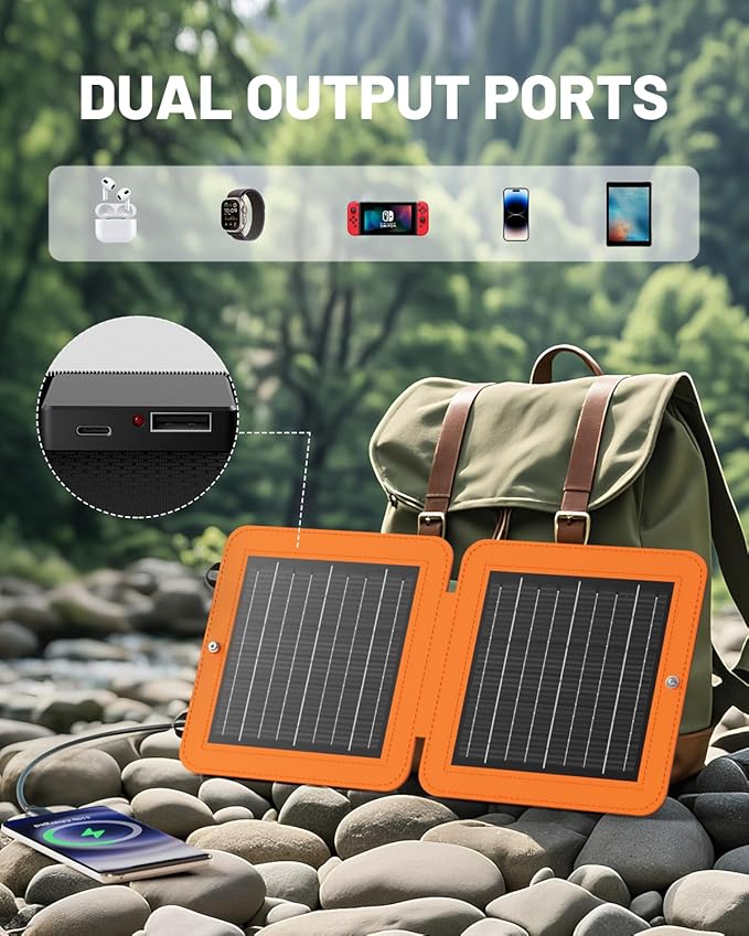 Solar Panels 10W Portable Foldable Solar Charger with 5V USB-A and USB-C Fast Charging Compatible with iPhone, iPad, Samsung, Power Banks, IPX5 Waterproof Perfect for Camping, Hiking, Outdoor