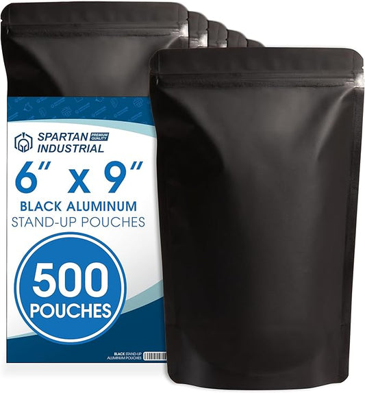 Spartan Industrial 6" X 9" Matte Black Stand-Up Mylar Bags - 500 Count Smell-Proof Bags With Heat Sealable Opening and Resealable Zipper