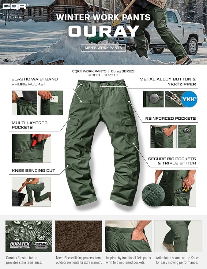 CQR Men's Winter Tactical Cargo Pants, Thermal Fleece Lined Outdoor Snow Ski Hiking Work