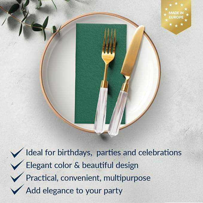 PAW - 50-Pack Disposable Dark Green Linen-Feel Guest Towels 8" x 4" Folded, European Quality Hand Towels, Elegant Dinner Napkins for Special Occasions - Wedding, Birthday, Holiday, Bridal Shower