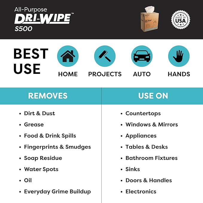 Dri-Wipe S500 by SMPLY Brands – All-Purpose Disposable Wipes, 176-Count, Strong Alternative to Shop Towels & Paper Towels, 8" x 12" Center-Pull Sheets