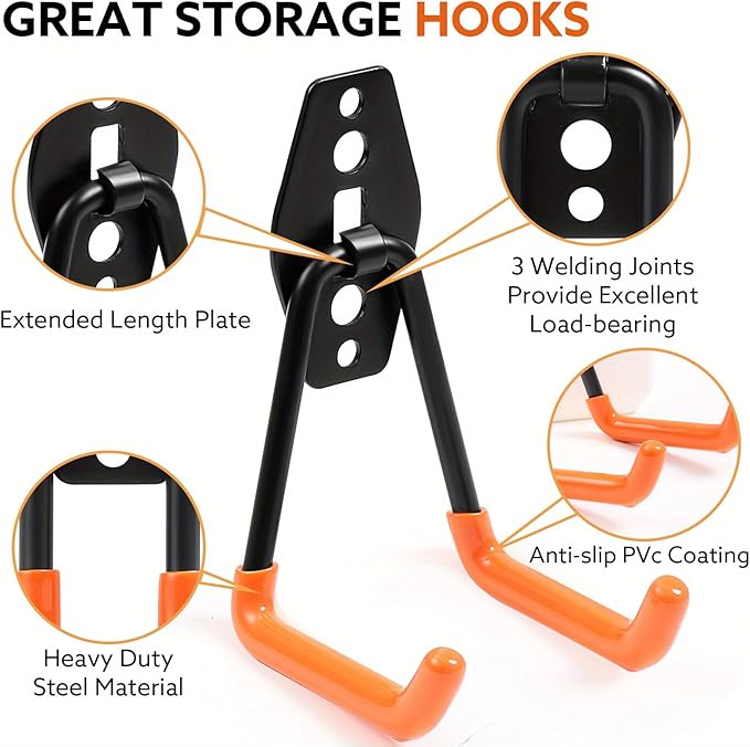 16 Pack Steel Wall Mount Garage Storage Hooks with Anti-Slip Coating, Heavy Duty, Hooks, for Hanging Bike, Ladder, Garden Tools