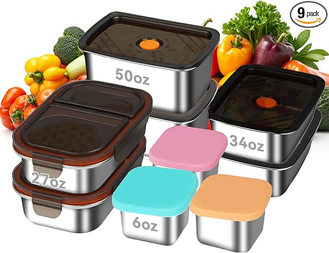YUANYE 9 Pack 50/34/27/6oz Stainless Steel Food Storage Containers Sets, Leak-Proof Airtight Lunch Box with Lids, Small Snack Containers Oven/Dishwsher/Freezer Safe for Meal Prep, School, Work, Picnic