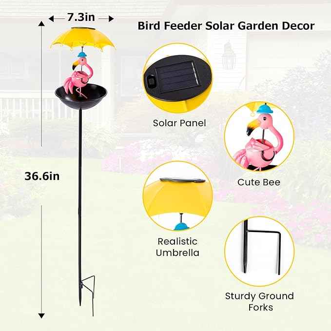 Bird Feeder Solar Garden Decor, Waterproof Flamingo Metal Wildbird Cardinals Hummingbirds Feeders with LED Lights, Gifts for Mom Grandma Bird Lovers Outdoor Path Yard Decoration