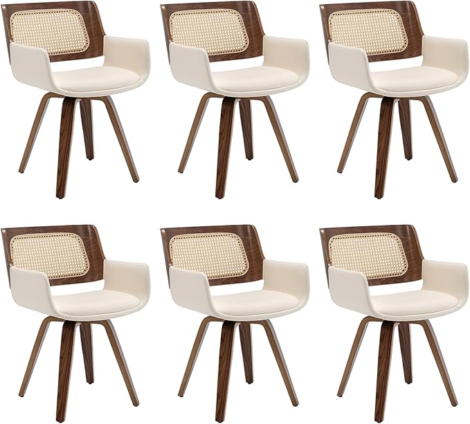 Set of 6 Swivel Dining Chairs - Swivel Walnut Dining Chairs with Ergonomic Cane Back, Bentwood Frame, Curved Arms, MCM Dining Chair for Kitchen/Conference/Restaurant/Living Room (Walnut Beige)