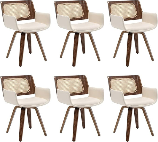 Set of 6 Swivel Dining Chairs - Swivel Walnut Dining Chairs with Ergonomic Cane Back, Bentwood Frame, Curved Arms, MCM Dining Chair for Kitchen/Conference/Restaurant/Living Room (Walnut Beige)