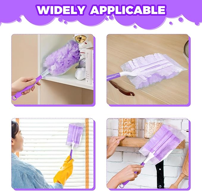 10PCS Duster Refills Folding Handles Set Compatible with Swiffer Dusters,Disposable Static Dust Removal Brush Handle for Dusting Electronics,Furniture,Blinds,Ceiling Fans (10, Purple)