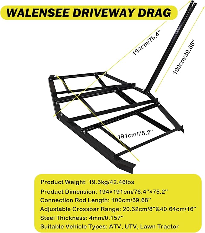 Driveway Drag, 74"-1 Heavy Duty Steel Driveway Drag Harrow with Pin-Style Hitch, Tow Behind Grader for ATV, UTV, Garden Lawn Tractors – Adjustable Bars for Efficient Driveway Lawn Maintenance