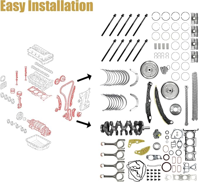 G4KJ 2.4L Engine Rebuild Overhaul Kit w/Crankshaft, Timing Chain Kit, Head Gasket Set & Pistons Fits for Kia Sportage; for Hyundai Sonata Santa Fe Sport Replace#23111-2G200 21020-25150 23040-2G510