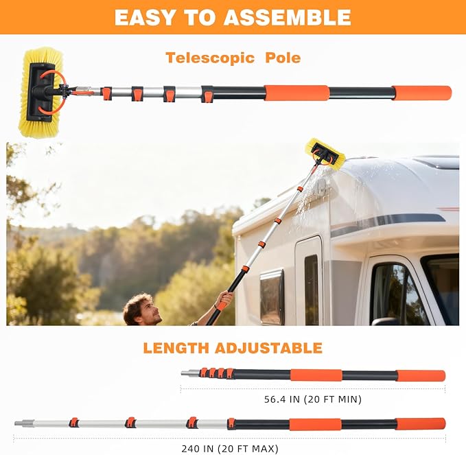 20FT Car Wash Brush with Long Handle Water Fed Telescopic Pole Car Cleaning Tool with 12" Soft Bristle and Hard Bristle Wash Equipment Kit for Car Truck House Floor Glass Roof Solar Panels
