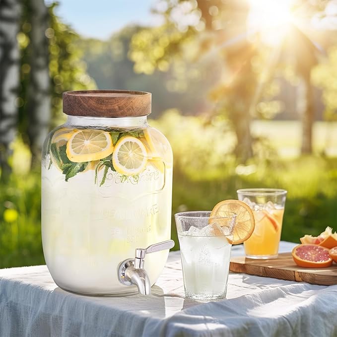 Mustry Glass Drink Dispenser for Parties, 1 Gallon Beverage Dispenser with Spigot Solid Stainless Steel, Used as Lemonade Dispenser Sun Tea Jar Kombucha Jar
