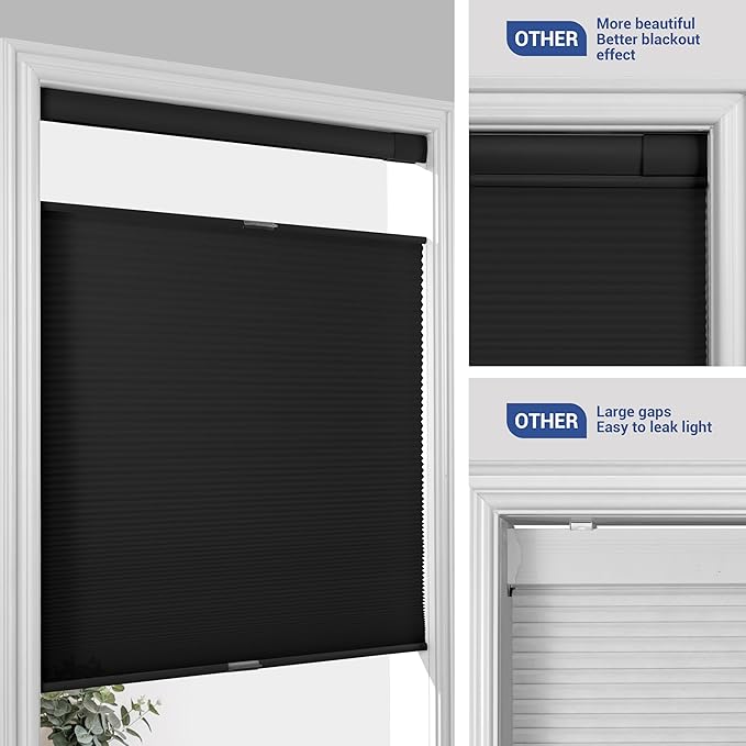 No Drill No Tools Cellular Shades Top Down Bottom Up Blackout Blinds for Windows Cordless Honeycomb Window Shades Easy to Install for Home, Light Filtering-Black, Customized Size