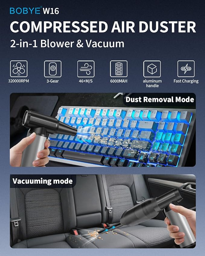 Compressed Air Duster, 2-in-1 Duster Blower & Vacuum with 320000RPM Super Power, Electric Air Duster Rechargeable, 3-Gear Adjustable Air Blower for Keyboard, Computer, Car, Home, and Outdoor Cleaning