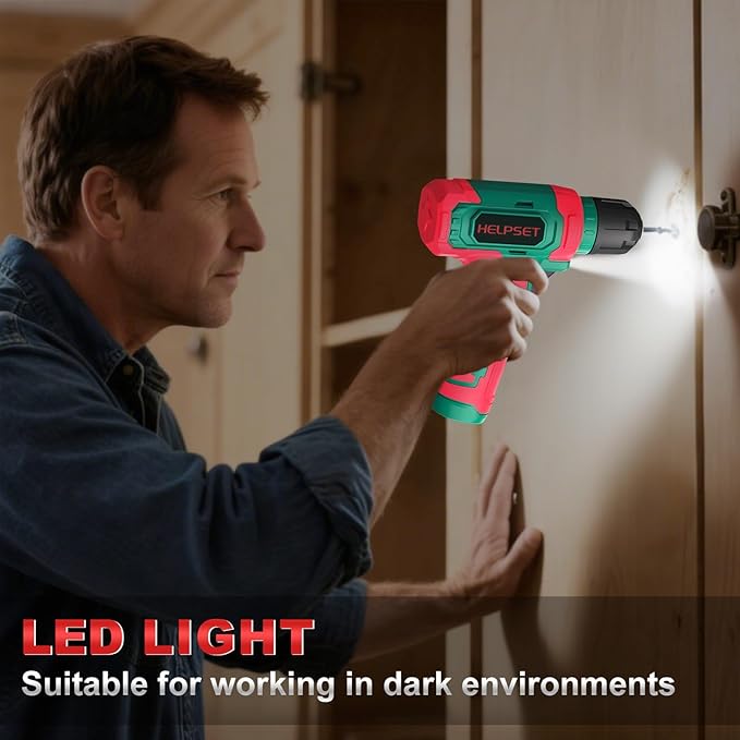 8V Cordless Drill Driver Set - 3/8" Keyless Chuck, 15pcs Drill Bits Included, Built-in LED Light for Drilling & Screwing, Comes with Toolbox for Storage (Christmas)