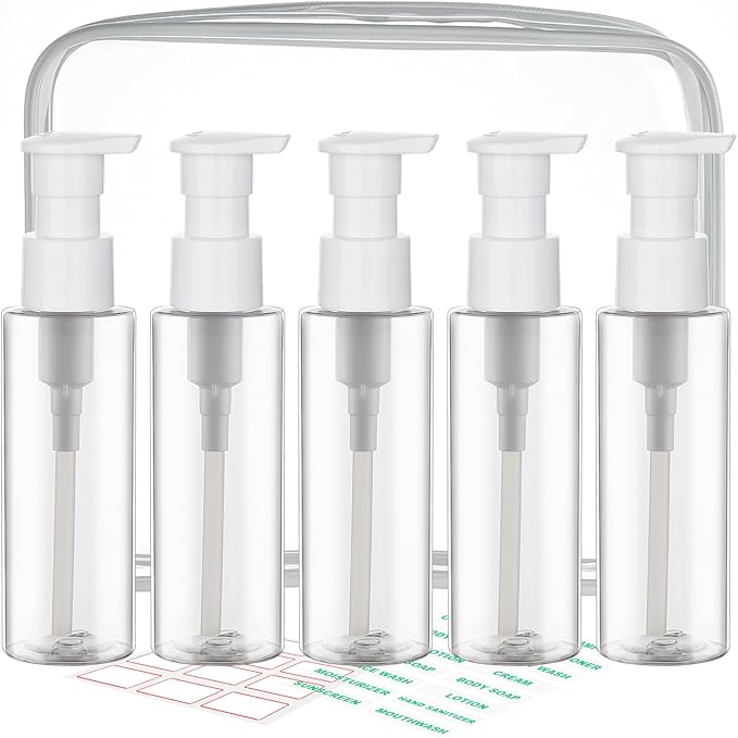 Cosywell Plastic Pump Bottles Dispenser Leak Proof 3.5oz/105ml 5 Pack Portable Empty Refillable Container Clear Plastic Lotion Pump Dispenser Bottle for Facial Cleansing Oil Shampoo Shower Gel