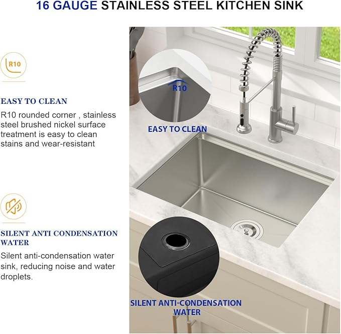 Dcolora 23 Inch Undermount Kitchen Sink Workstation Single Bowl Bar Sinks Stainnless Steel Small Kitchen Sink,DC-UW6723
