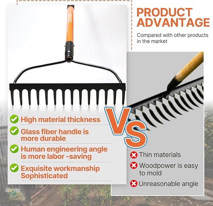 Garden Rake Heavy Duty, 14-Tine Bow Rake with 57" Fiberglass Handle, for Soil Leveling, Lawn Care, Mulch Spreading, Leaf and Debris Cleanup