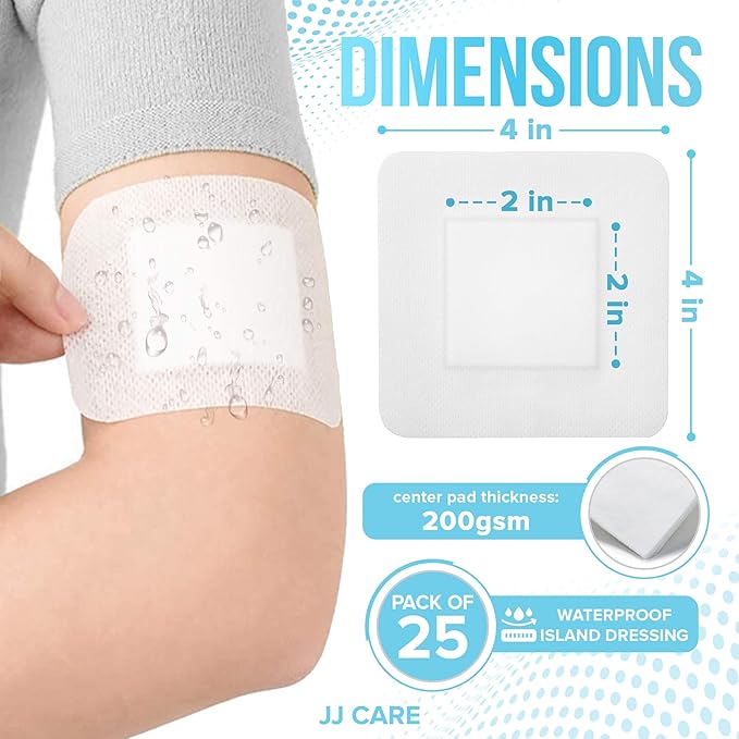 JJ CARE Waterproof Adhesive Island Dressing [Pack of 25], 4" x 4" Sterile Bordered Gauze, Breathable Island Wound Dressing, Individually Wrapped Adhesive Gauze Bandages with Non-Stick Central Pad