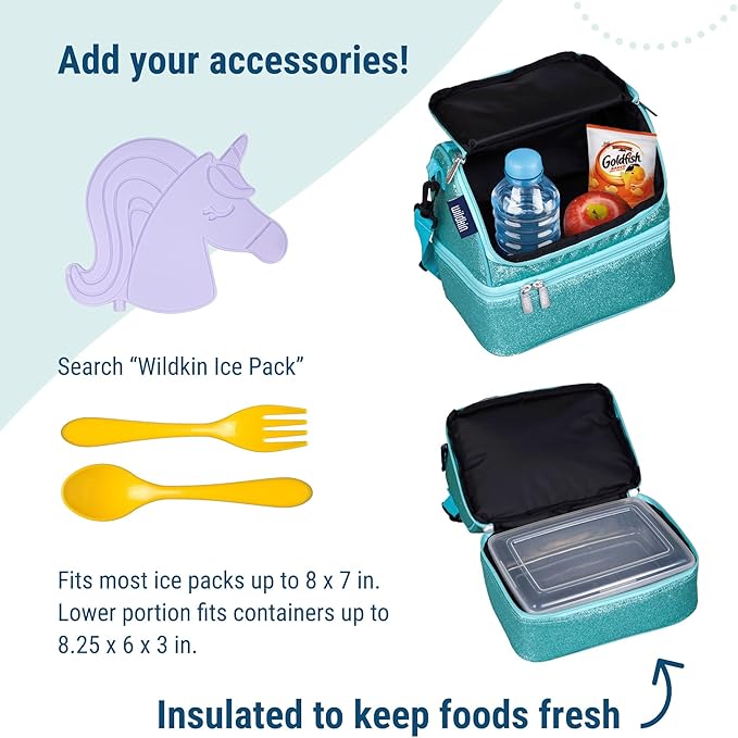 Wildkin Two Compartment Insulated Lunch Bag for Kids – School & Travel Ready - Blue Glitter
