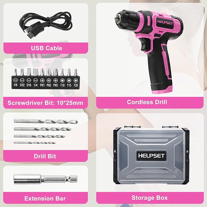 8V Cordless Drill Driver Set - 3/8" Keyless Chuck, 15pcs Drill Bits Included, Built-in LED Light for Drilling & Screwing, Comes with Toolbox for Storage (Pink)