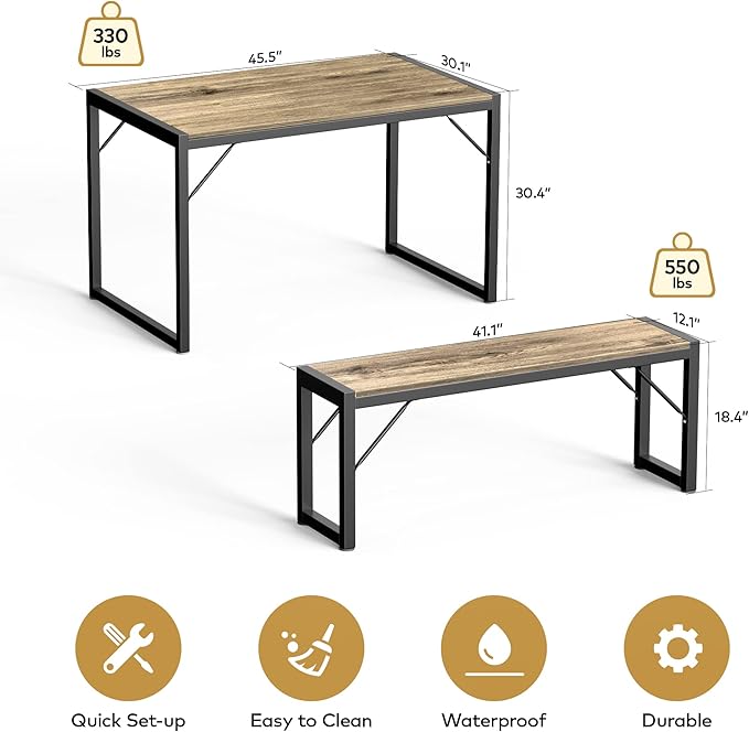 Gizoon 45.5" Dining Table Set for 4 with 2 Benches, Kitchen Table Set with Metal Frame & MDF Board, Space-Saving Dinette for Kitchen, Dining Room -Grey