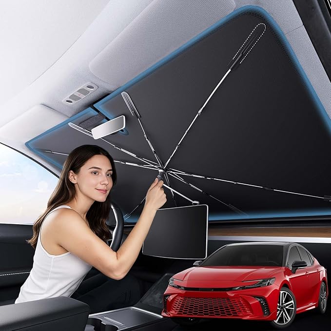 Zanch 2025 Upgraded Car Windshield Sun Shade [Cool Down by 75℉ ] with Heat Insulation Coating, Foldable Sunshade Umbrella with Flexible Handle & Ribs, Small (29''x53'') for Compact Cars, SUVs