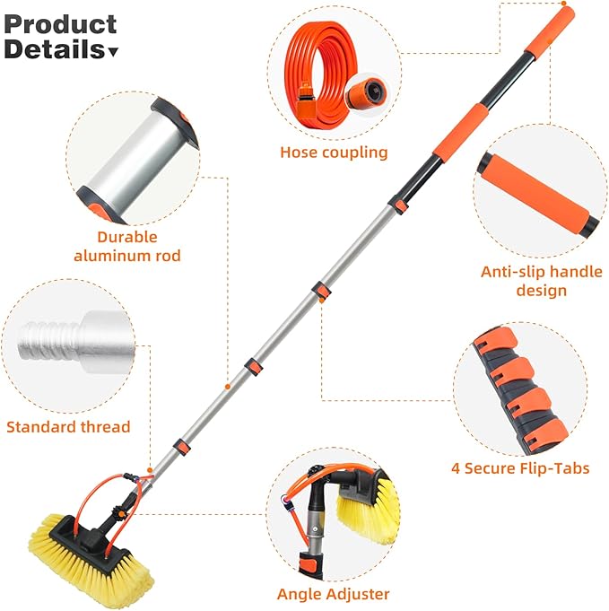 20FT Car Wash Brush with Long Handle, Car Cleaning Brush with 12" Soft Bristle and Hard Bristle, Telescopic Pole with Hose Attachment for Scratch-Free Cleaning Truck,RV,Boat,Siding,Solar Panels