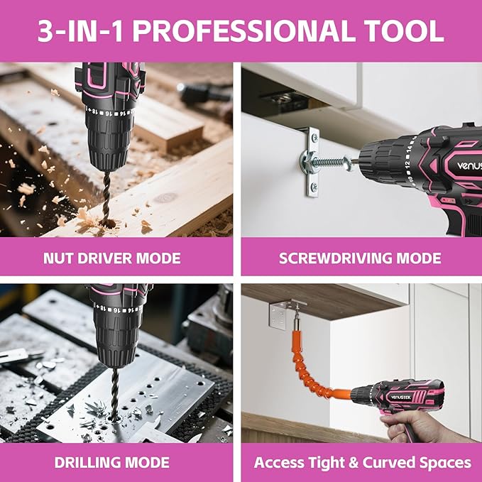 Cordless Drill Set 12V Power Drill with Battery and Charger, 2-Speed Electric Drill with 3/8" Keyless Chuck
