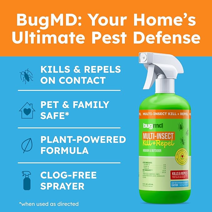 BugMD Pet Safe Multi-Insect Killer & Repellent | Peppermint Oil Spray for Spiders, Ants & Roaches | Indoor & Outdoor Bug Spray