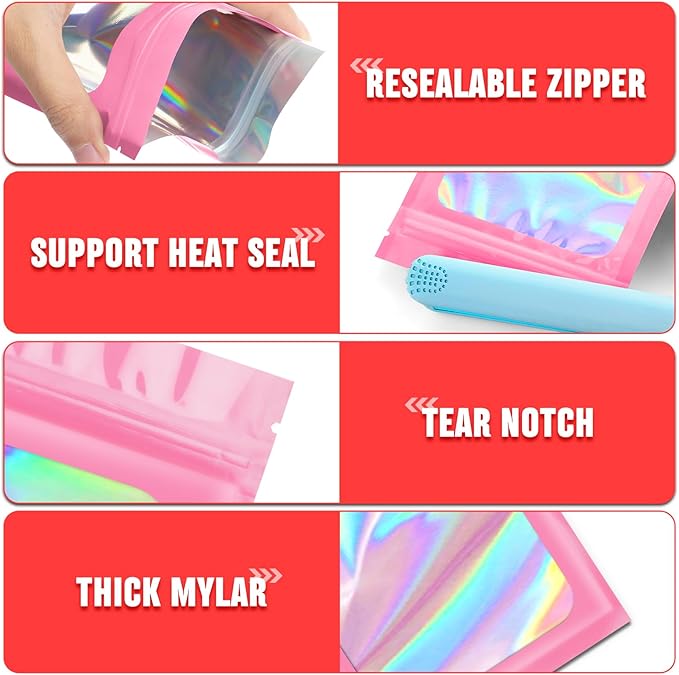Funfery 300 Pack 3 Size Mylar Holographic Bags with Clear Window, Resealable, Smell Proof, Zipper Foil Bags for Food Storage, Sample, Small Business (Pink, 3x4.7, 4x6, 4.7x7.9in)