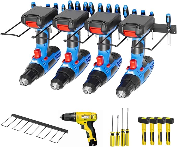 Power Tool Organizer Wall Mount with Charging Station, 4 Drill Holder + 16 screwdrivers, Heavy Duty Storage Utility Racks, Supports 100 lbs,for Garage and Workbench (16 Inch Holder Basic Version)