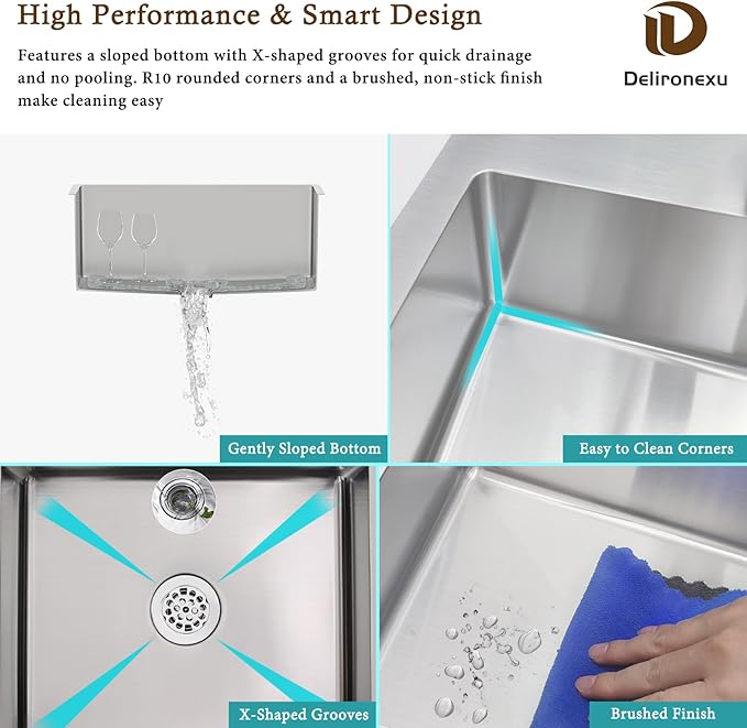 15 Inch Drop In Bar Sink – Delironexu 18 Gauge Stainless Steel Small Kitchen sinks & Small Bar Sink, 15"x15" Wet bar sink with 2" Drain Hole, Brushed Finish, Ideal for RV, Prep, and Outdoor Use
